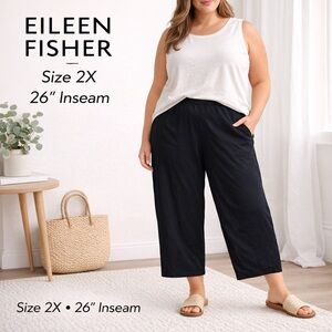 Eileen Fisher Black Wide Leg Pants 2X Cropped 26” Inseam Pull-On